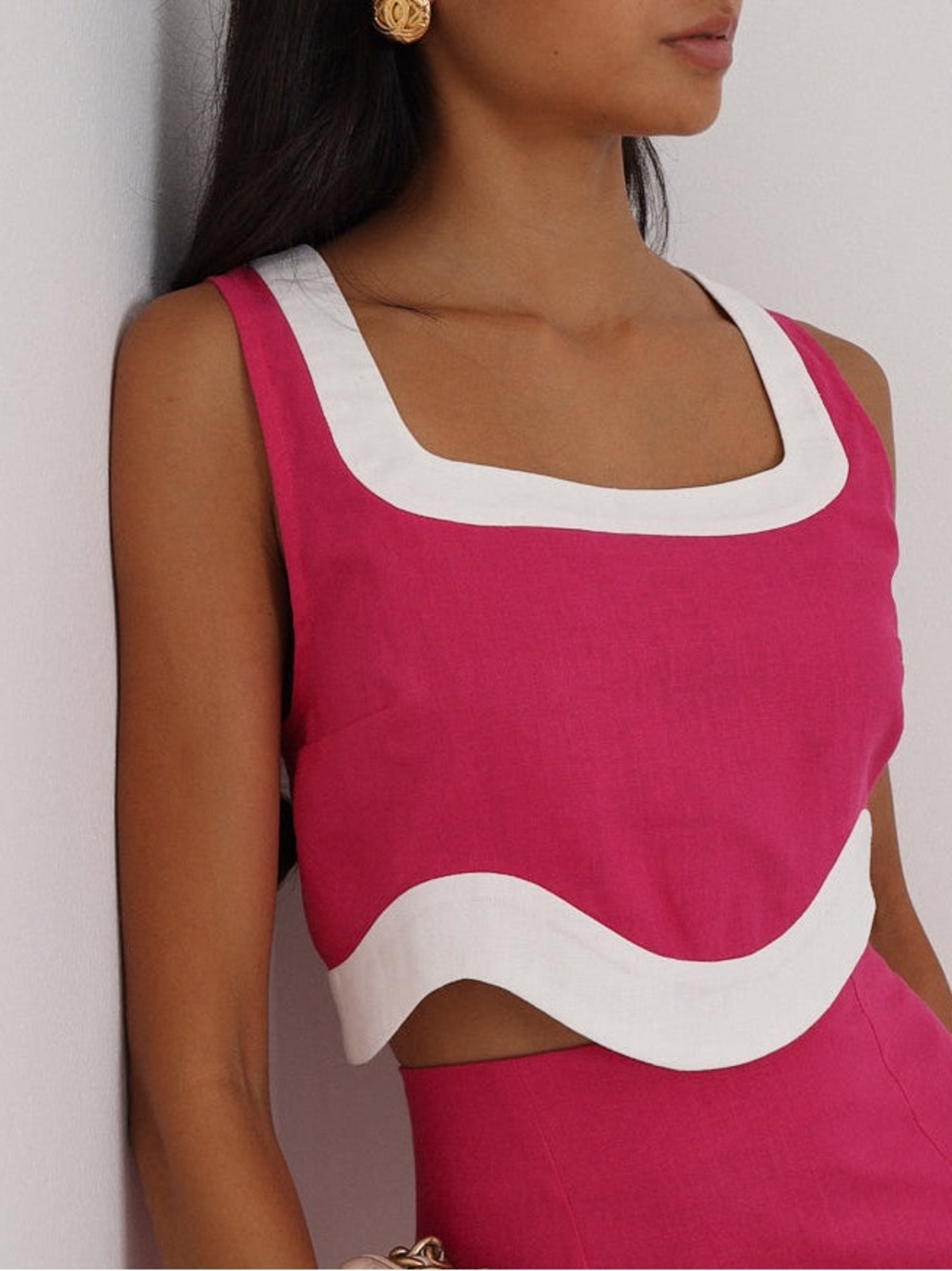 Square-Neck Fuchsia Crop TOP ONLY with White Wave Trim